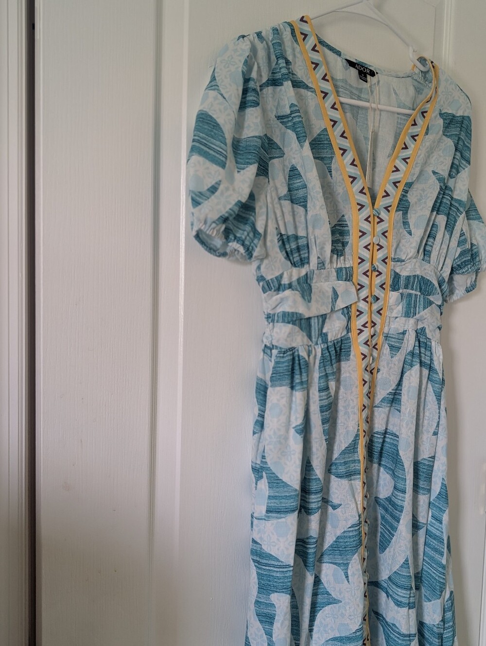 ADOR  MAXI DRESS TURQUIOSE BLUE  PUFF SLEEVE  W/ POCKETS SZ. MED NEW W/ TAGS